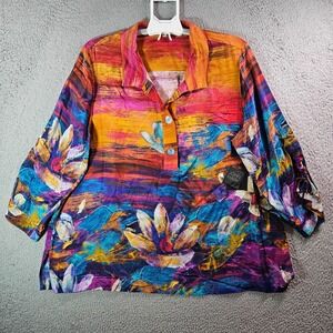 $119 NEW John Mark Top Shirt Women 1X‎ 1/2 Button Floral Painting  Lightweight